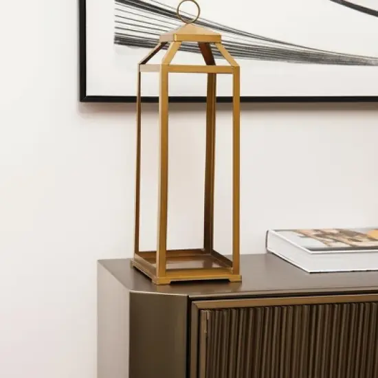 HomeRoots 29" Gold Geometric Metal Floor Lantern Candle Holder image {1}