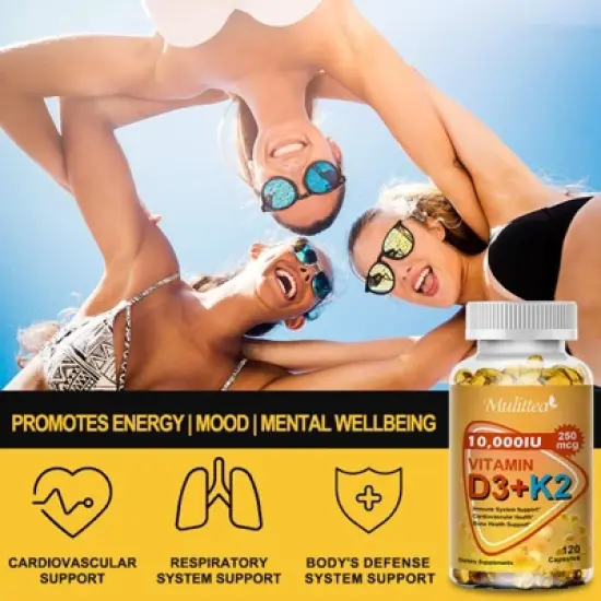 Mulittea 10000 IU Vitamin D3 K2, Support Bone & Joint Health, Increase Immunity, 120 Softgels image {2}