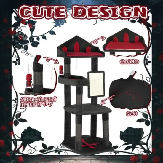 Angel Sar 49'' Gothic Cat Tree with Throne Bed & Coffin Perch, Black Cat Tower with Sisal Scratching Posts and Alien Toy for Indoor Cats image {3}