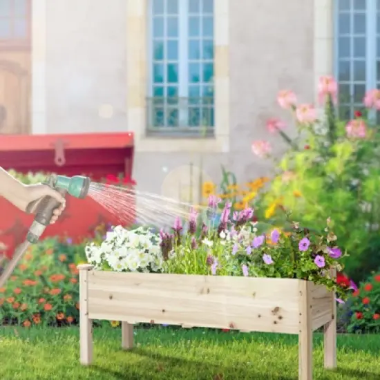 Tangkula Outdoor Wood Planter Raised Garden Bed Elevated Planter Box Kit with four holes for Backyard Patio image {2}