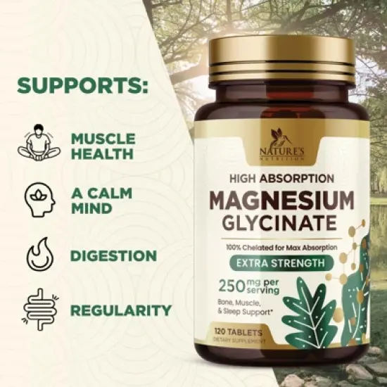 Magnesium (Glycinate) Magnesium Supplement for Heart Health, Nerve, Muscle, Bone & Sleep Support, 100% Chelated - 120 Tablets By Nature's Nutrition image {4}