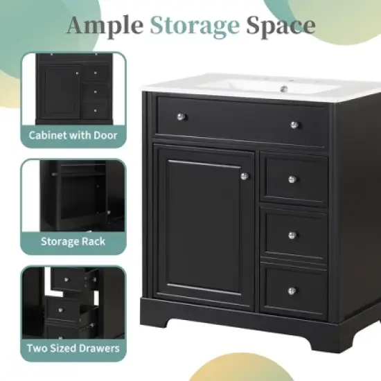 30" Bathroom Vanity with Ceramic Sink Top, Bathroom Storage Cabinet with Door & 2 Drawers, Solid Wood & MDF - ModernLuxe image {4}