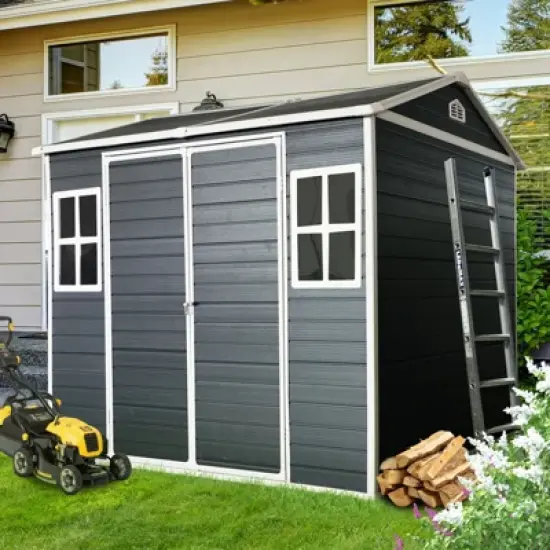 96.00"8 x 6ft Resin Outdoor Storage Shed Waterproof Shed with Floor & Two Windows & Lockable Door, Tool Shed for Garden,Black image {9}