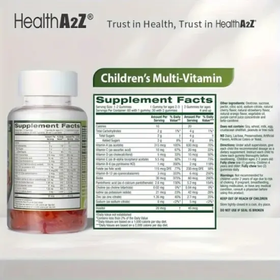 HealthA2Z - Kids Multivitamin Gummies Strawberry Orange Cherry Mixed Fruit - 60 Count image {1}