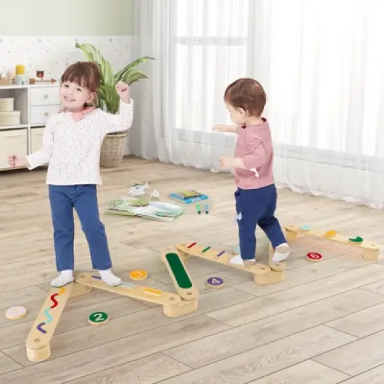 Costway Wooden Balance Beam w/ Stepping Stones Balance Board Toy Playset for 1+ Toddlers image {8}