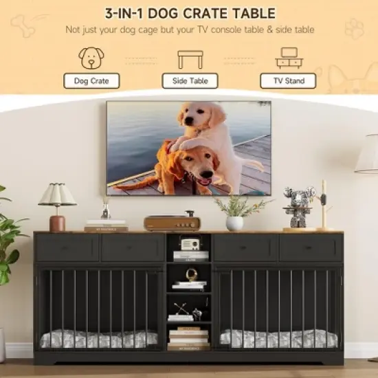 Whizmax 82&rdquo; Large Dog Crate with 4 Drawers and Shelves, Double Dog Crate Furniture TV Stand, Wooden Heavy Duty Dog Crate for Medium Large Dogs image {4}