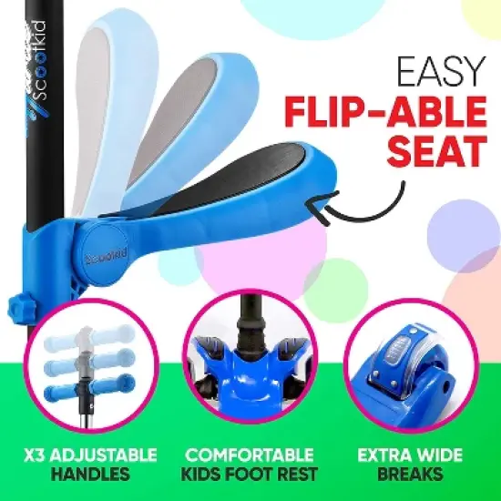 Hurtle ScootKid 3 Wheel Toddler Child Mini Ride On Toy Tricycle Scooter with Adjustable Handlebar, Foldable Seat, and LED Wheels, Blue (2 Pack) image {3}