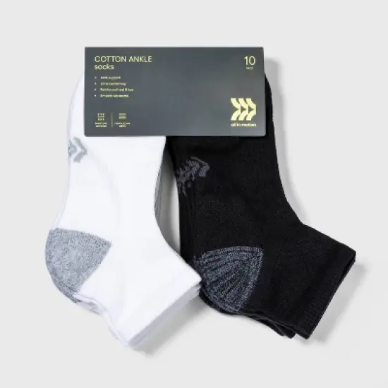 Women's Cushioned 10pk Ankle Athletic Socks - All in Motion&trade; White/Black 4-10 image {1}