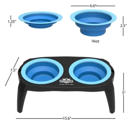 Elevated Pet Bowls with Nonslip Stand for Dogs and Cats - Removable and Collapsible Silicone Feeder for Food and Water - 16oz Each by PETMAKER (Blue) image {1}