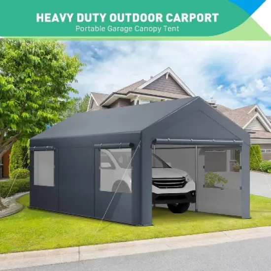 Acekool Portable Carport Canopy, Heavy Duty Steel Frame Garage Shelter, Water-Resistant Outdoor Vehicle Storage, Easy Assembly image {4}