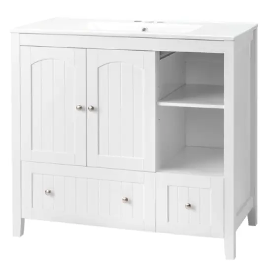 phiestina 36" White MDF Bathroom Vanity Cabinet without Basin, Double Doors, Double Drawers, Decorative Strips, Modern Storage Cabinet for Bathroom image {3}
