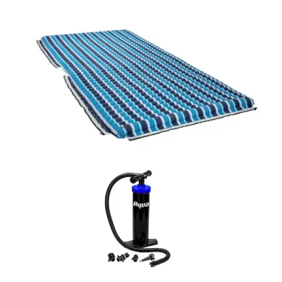 Aqua Supersized Party Plank Inflatable Floating Island Lake Raft Platform Float and Dual Action Hand Pump with 4 Nozzle Adapters Attachments, Blue image {2}