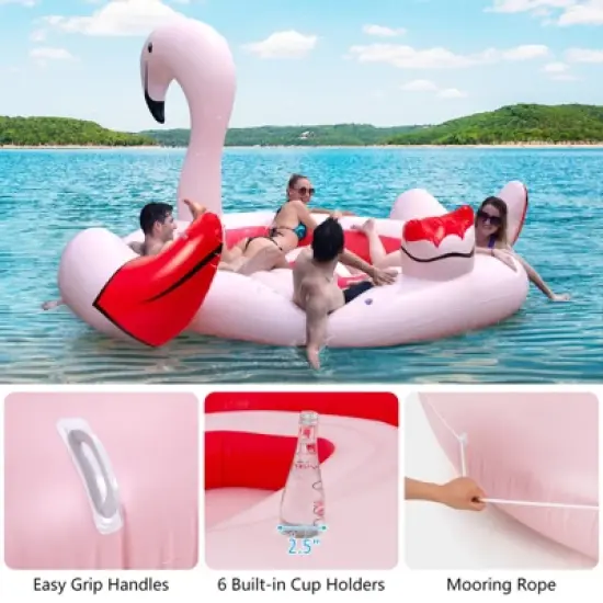 Tangkula 4-6 Persons Inflatable Flamingo Floating Island w/ Inner Loop & Floating Mat Blow-up Party Floatie with Electric Air Pump & 6 Cup Holders image {2}