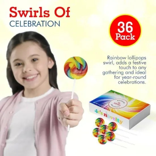 4E's Novelty 36 Pack Swirl Lollipops Bulk, 1.75" Round Rainbow Individually Wrapped, Birthday Party Favors, Goodie Bag Candy, Holiday Treats image {1}
