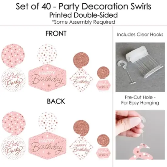Big Dot of Happiness Pink Rose Gold Birthday - Happy Birthday Party Hanging Decor - Party Decoration Swirls - Set of 40 image {4}