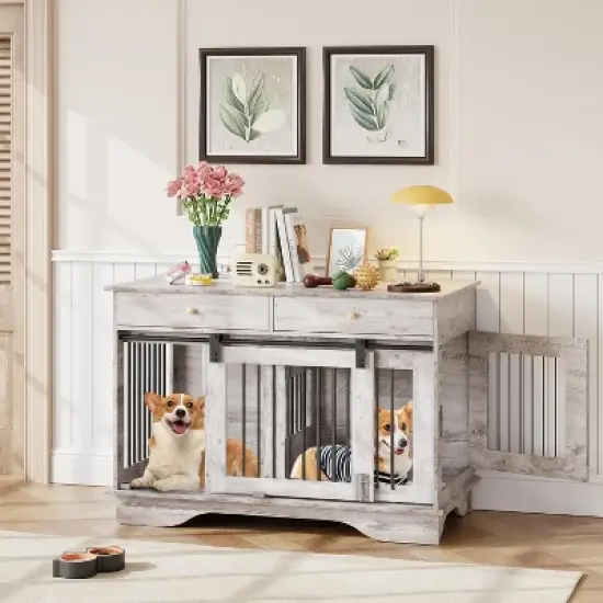 Dog Furniture Crate, 47" Large Dog Crate Furniture w/ 2 Storage Draws & Removable Divider for Large/Medium/Small Dogs image {8}