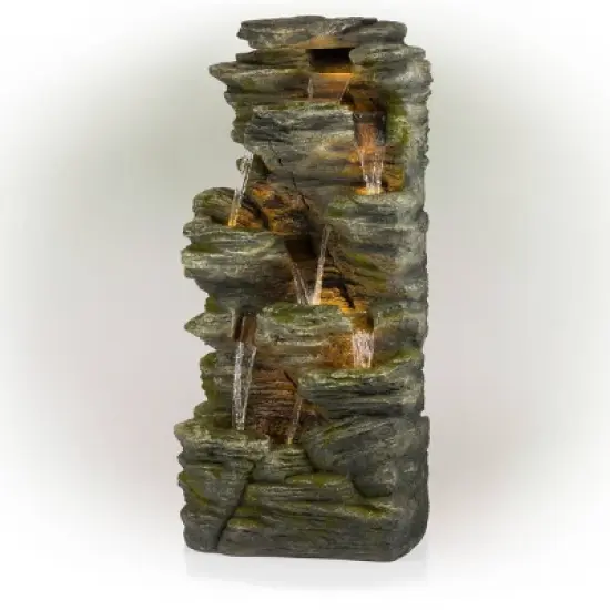 51" Resin Rock Cascading Fountain with LED Lights Gray - Alpine Corporation: Waterfall Feature, Birdbath image {1}