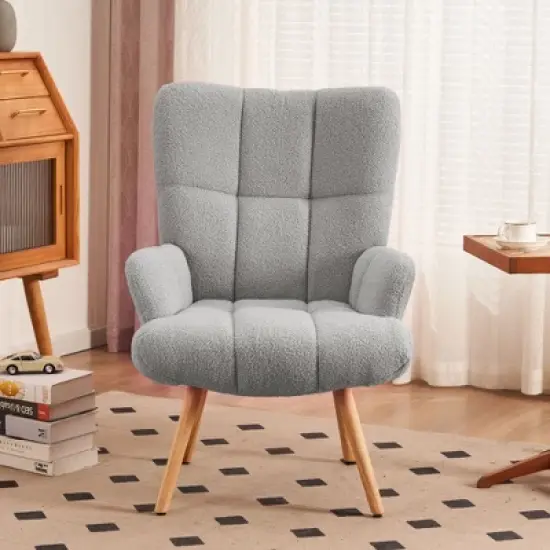 FERPIT Patchwork Upholstered Wingback Accent Chair with Rubberwood Legs image {9}