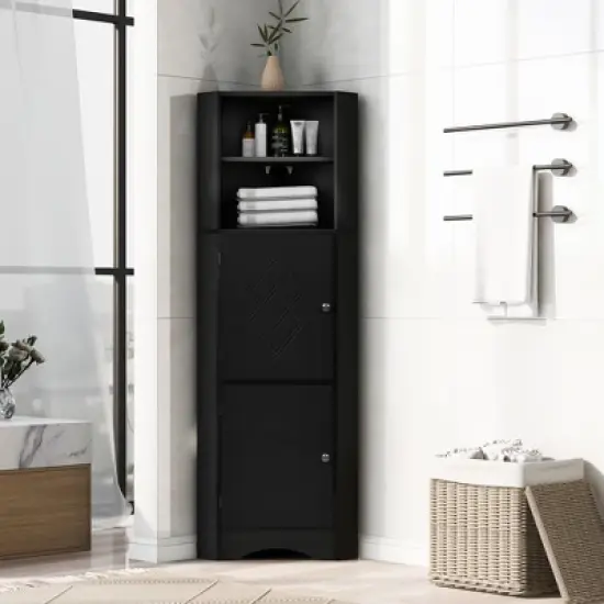 Tall Bathroom Freestanding Corner Cabinet With Door And Adjustable Shelves - ModernLuxe image {11}