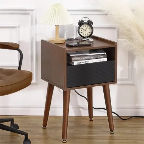 Mid-Century Nightstand with Drawers, Side Table with Charging Station image {7}