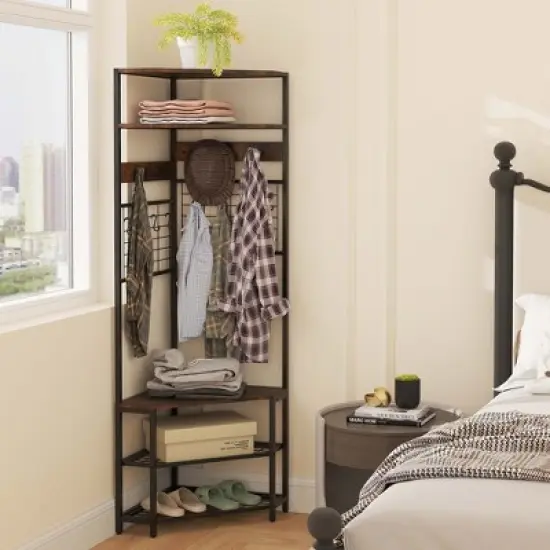 Tangkula 5-Tier Corner Hall Tree w/ Shoe Storage Bench 12 Metal Hooks for Living Room Brown image {1}