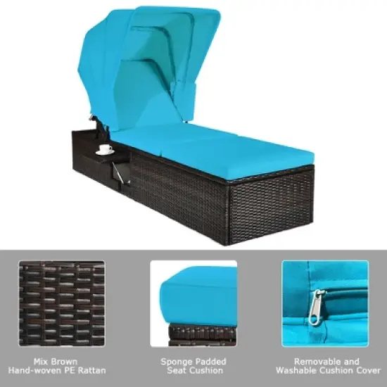 Tangkula 2PCS Rattan Patio Chaise Lounge Chair W/ Adjustable Canopy Turquoise Cushion image {7}