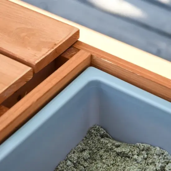 Outsunny Kids Sand & Water Activity Table, Picnic Table Set Wooden Bench with Sandbox Removable & Height Adjustable Umbrella for Outdoor Garden Patio image {5}