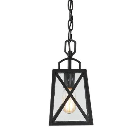 11" Metal/Seeded Glass Square Outdoor Pendant Light Black - LNC image {7}