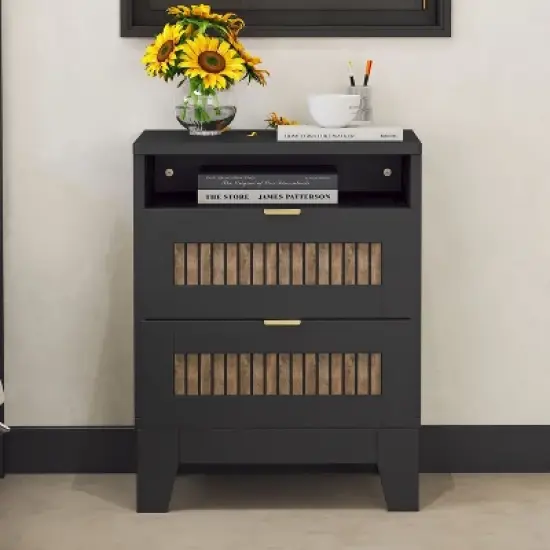 PAGED Night Stand Rustic Bedside Table Wooden Nightstand with 2 Storage Drawers and Open Shelf for Bedroom image {2}