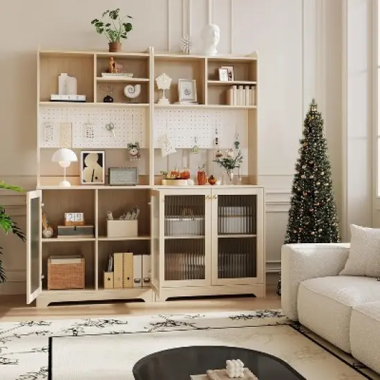 71" Kitchen Pantry Cabinet, Wooden Tall Sideboard Buffet Cabinet with Microwave Stand, Pegboard and Hutch, Pantry Storage Organizers Coffee Bar image {9}