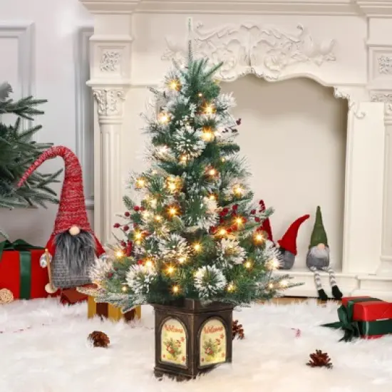 Pre-Lit 3Ft Snow Flocked Artificial Christmas Tree w/ 78 White LED Lights & Lighting Elk Base, 8 Modes Tabletop Mini Tree for Home Decor, 2 Pack image {7}