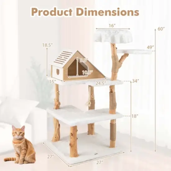 Costway 60" Tall Solid Wood Cat Tree with 2 Perches Condo Jute Scratching Posts Sisal Rope image {2}
