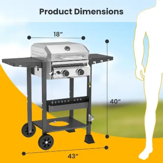 ZAFRO 2-Burner Propane Gas BBQ Grill, 16000 BTU Stainless Steel Barbecue with Cast Iron Grates Side Storage Shelves, Top Lid image {1}
