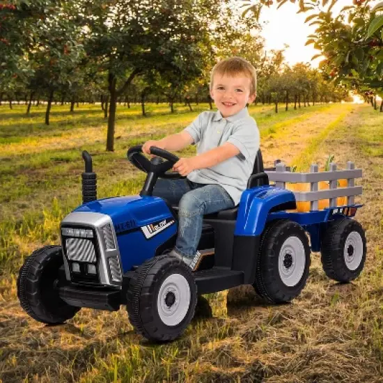 12V Ride on Tractor with Trailer & Remote Control,Speed Up to 5mph, Toddler Electric Vehicle Car with LED Headlights image {1}