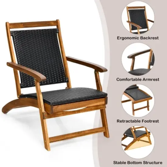 Costway  Patio Folding Rattan Lounge Chair Wooden Frame W/ Retractable Footrest image {3}