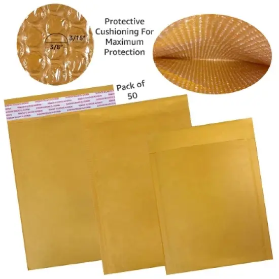 UOFFICE Pack of 50 Kraft Bubble Mailers 6.5' x 10" - #0 Self-Seal Padded Envelopes image {1}