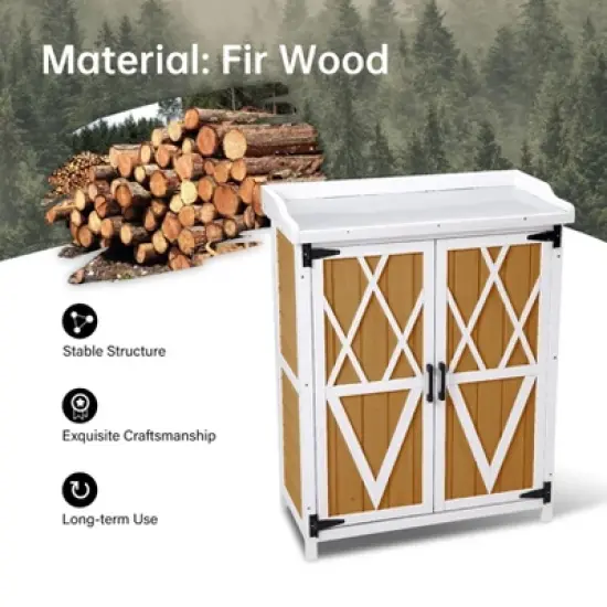 Potting Bench, Outdoor Garden Work Bench with Metal Top - Waterproof Storage Cabinet for Backyard, Patio, Wood Color image {3}