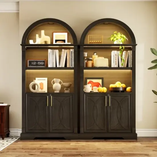Fredees 71" Tall Arched Cabinet, Kitchen Pantry & China Cabinet, Arched Bookshelf with Open & Adjustable Shelves, Induction 3-Color Lights image {9}