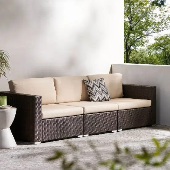 Christopher Knight Home Santa Rosa Outdoor Wicker 3 Seater Sectional Sofa with Cushions image {8}