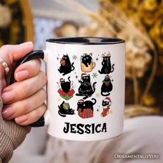 Christmas Black Cats Mug, Whimsical Cats with Santa Hat Gift (Non-Custom Only)| OrnamentallyYou image {3}
