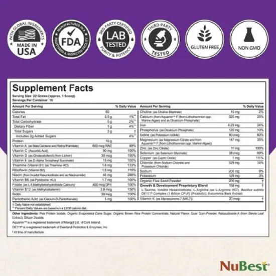 NuBest Protein Powder - Vegan Protein for Kids & Teens, Supports Growth & Bone Health with Probiotics, Omega 3-6-9 & Calcium, 10 Vanilla Servings image {2}