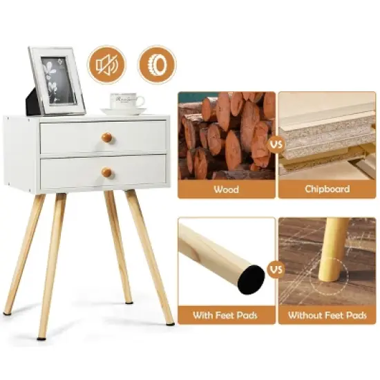 Costway 2PCS Mid Century Modern 2 Drawers Nightstand In White Sofa Side Table End Table image {7}