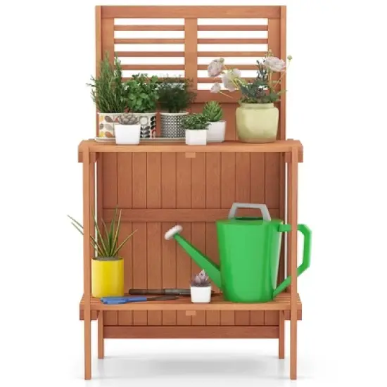 Costway Wood Potting Bench Waterproof Garden Table with 2-Tier Open Storage Shelf image {9}
