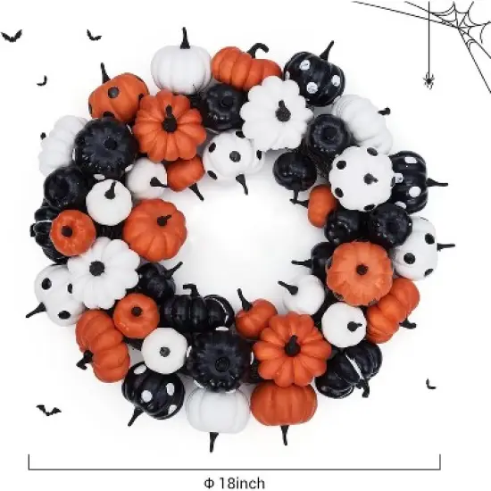 GAOMON 18 Inch Halloween Fall Wreath for Front Door, Black Orange White Artificial Pumpkin Wreath image {3}