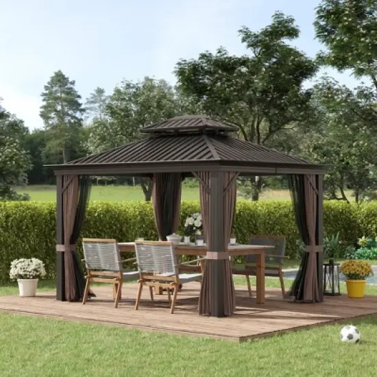 Outsunny Patio Gazebo 12' x 10', Netting & Curtains, Double Vented Steel Roof, Permanent Hardtop, Ceiling Hooks, Rust Proof Aluminum Frame, Dark Brown image {2}