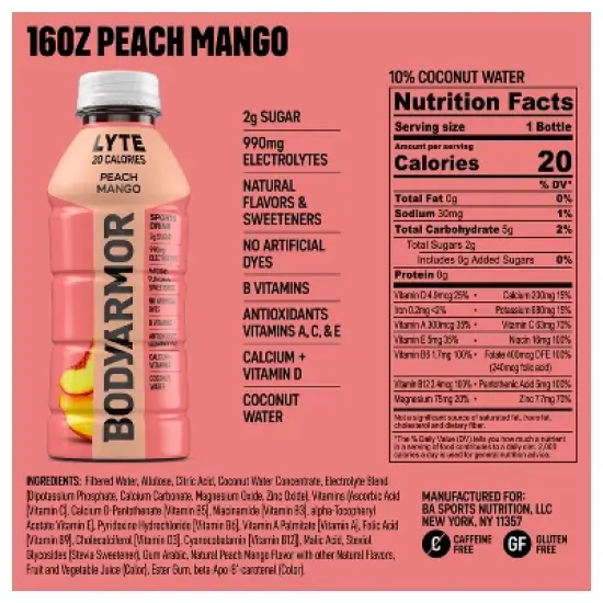 BODYARMOR LYTE Peach Mango - 16 fl oz Bottle image {5}