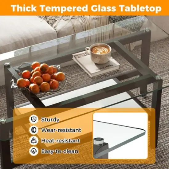 Tangkula 2-Tier Glass Coffee Table w/ Storage Shelf Solid Rubber Wood Legs for Office image {5}