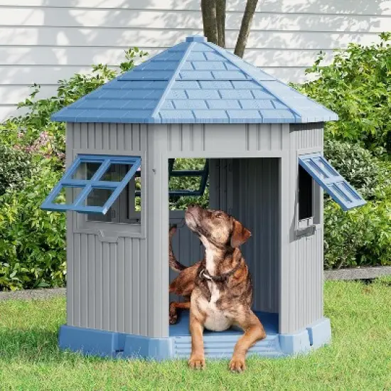 SEVOBAL Pet Crates and Houses Barn Dog House Removable Roof Easy Cleaning Waterproof UV Protected for Outdoor Yard Patio, Blue, 34.8"*30.51"*36.89" image {1}