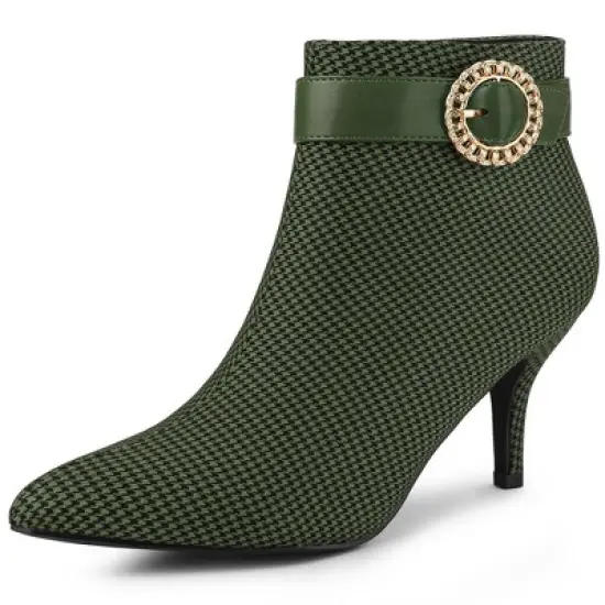 Allegra K Women's Buckle Stiletto High Heels Houndstooth Ankle Boots image {11}