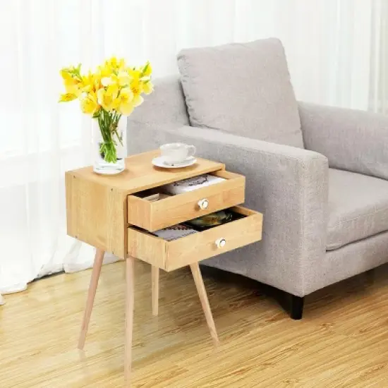 Costway Mid Century Modern 2 Drawers Nightstand In Natural Sofa Side Table End Table image {4}